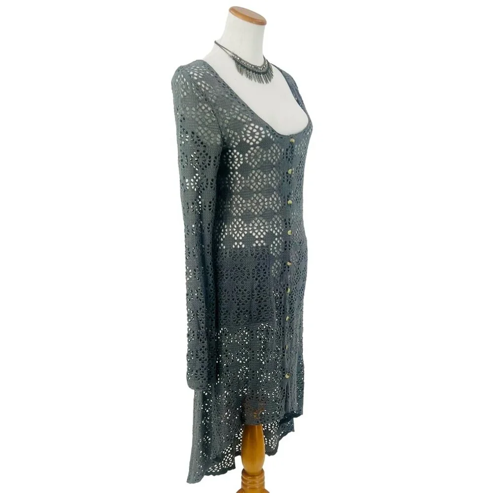 Vintage Free People Beach Gray Crochet Button Front Maxi Cardigan - Picture 6 of 16